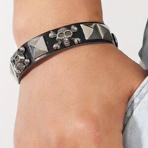 Skull Leather Bracelet Wrist Rock Edgy Gothic Grunge Punk Rivet CrossBones